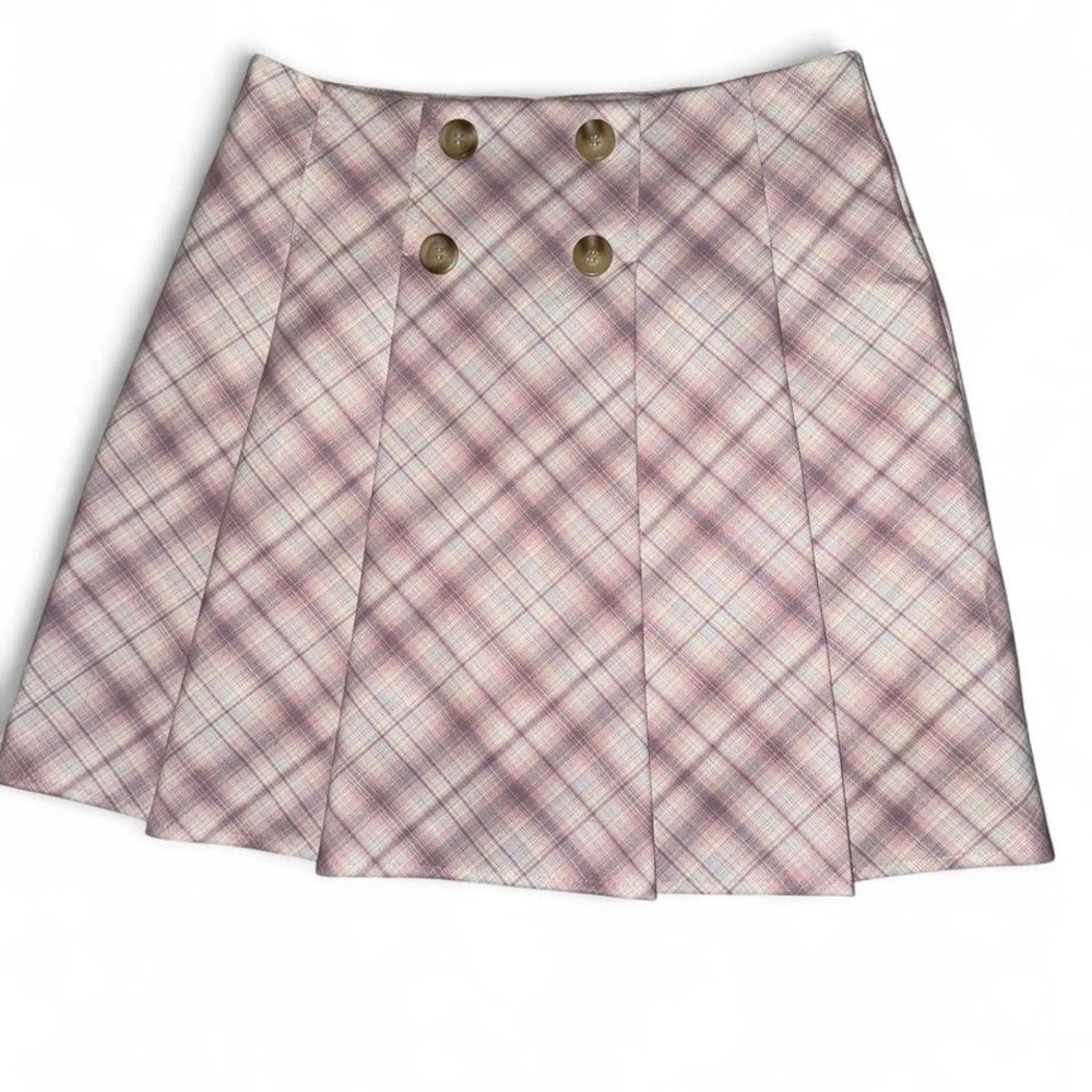 Papaya Pink Plaid Mini Skirt with Buttons